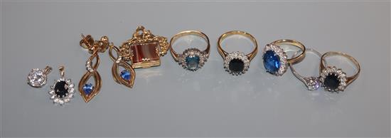 An 18ct gold, sapphire and diamond ring, a plat and diamond ring, a 585 ring, two 9ct rings, 3 pendants and a pair of earrings.